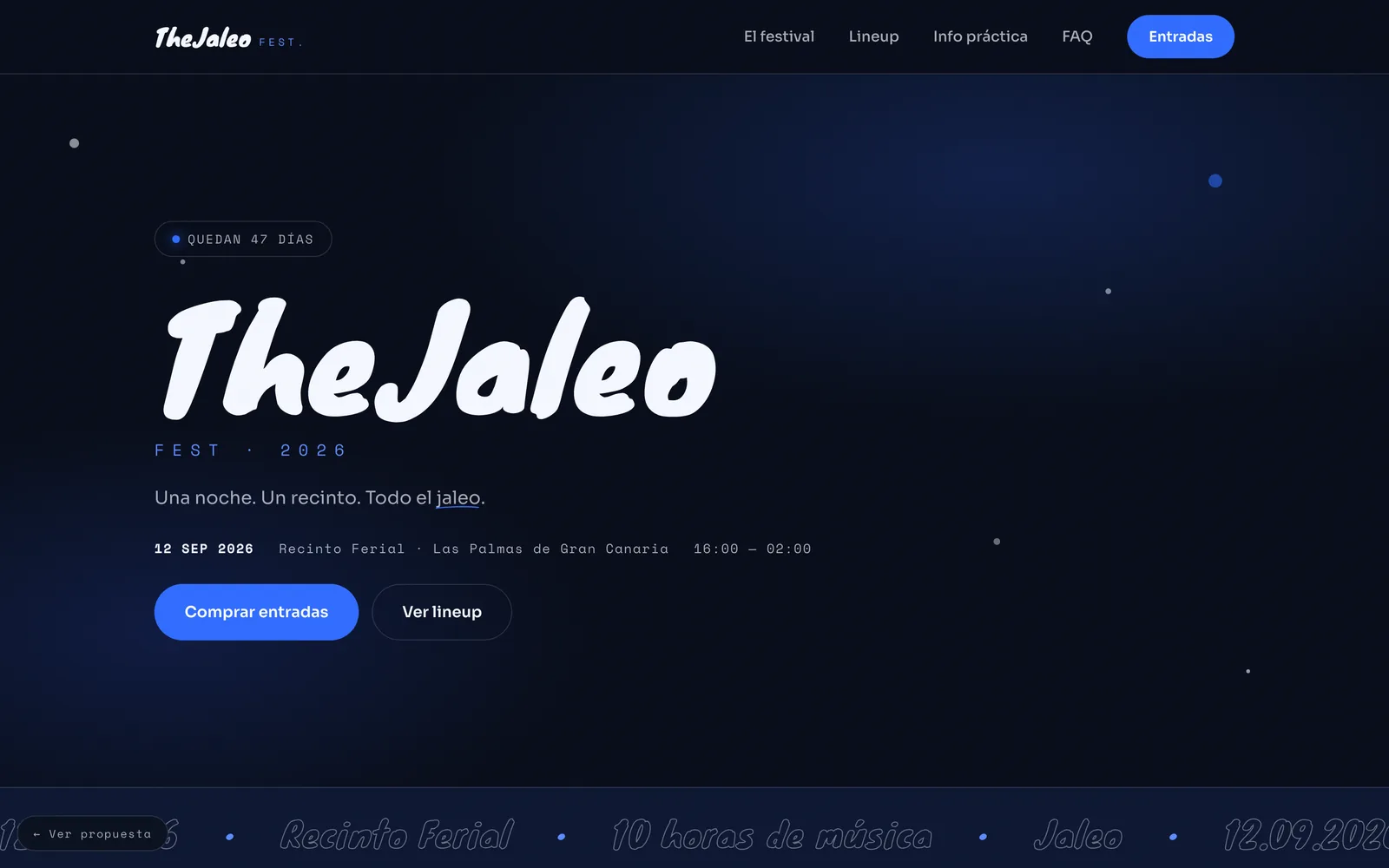 Demo de la Versión A en escritorio: portada del evento con fecha, lugar, cuenta atrás de días y botón de compra de entradas