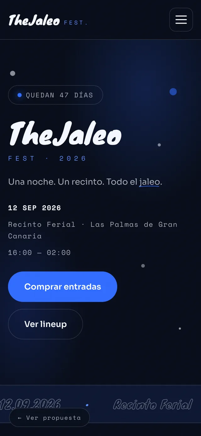 Demo de la Versión A en móvil: portada del evento con cuenta atrás y botón de entradas